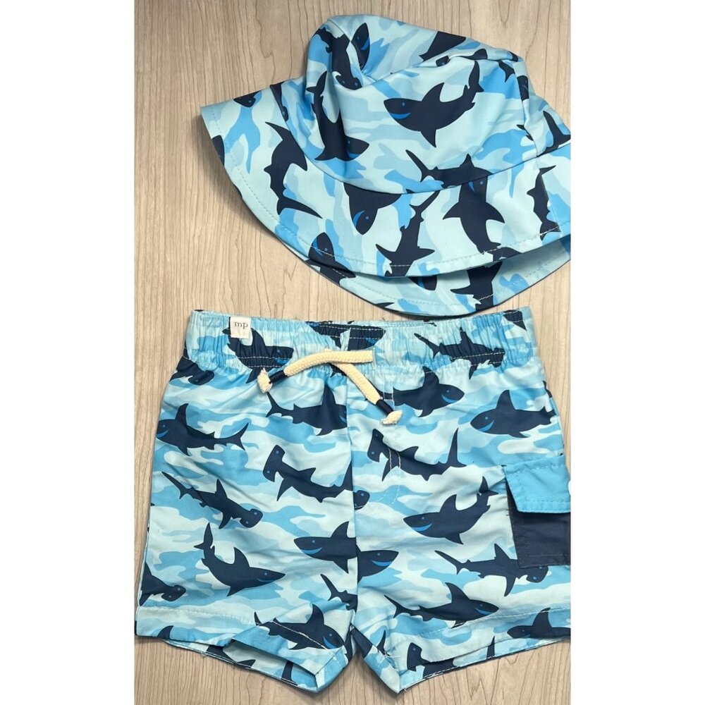 Mud Pie 6-9m blue shark swim trunks hat set bathing suit UPF 50+ NWT beach sea
